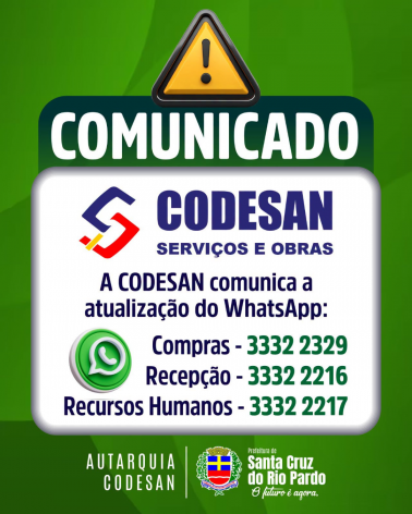 NOVOS TELEFONES DA  AUTARQUIA CODESAN SERVIÇOS E OBRAS