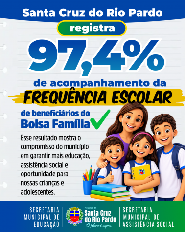 Santa Cruz do Rio Pardo registra 97,4% de acompanhamento da frequência escolar de beneficiários do Bolsa Família em julho de 2026.