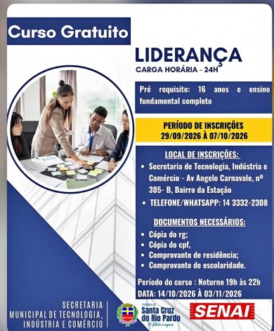 Curso Gratuito de Liderança, inscrições de 29/09 à 07/10/2026.