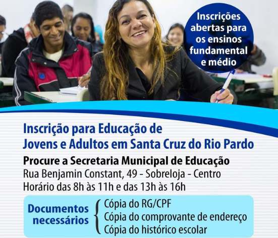 Inscrições para o EJA estão abertas em Santa Cruz do Rio Pardo