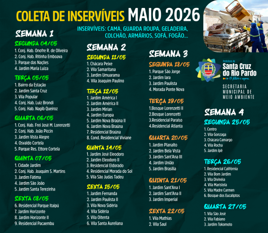 CRONOGRAMA DE COLETA DE INSERVÍVEIS – MAIO DE 2026