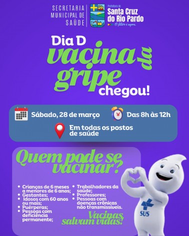 Dia D da Vacinação contra a Gripe acontece neste sábado em Santa Cruz do Rio Pardo