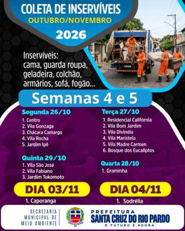 COLETA DE INSERVÍVEIS: CRONOGRAMA DE 26 DE OUTUBRO À 04 DE NOVEMBRO DE 2026