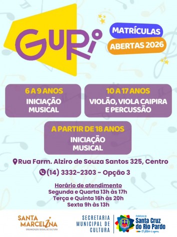 PROJETO GURI TEM VAGAS ABERTAS PARA 2026 EM SANTA CRUZ DO RIO PARDO