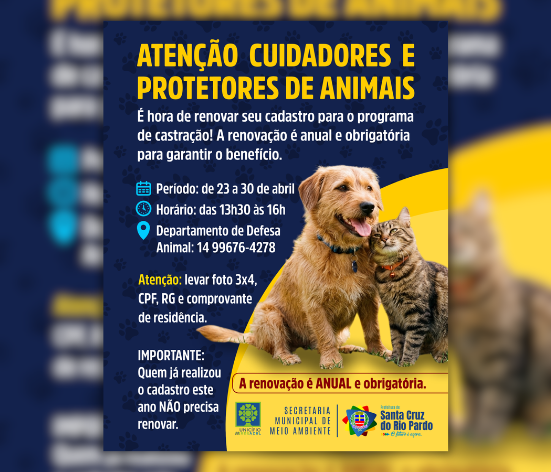 Cuidadores e protetores de animais: renovação do cadastro para o programa de castração