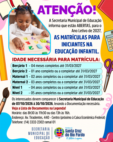 Inscrições para a Educação Infantil 2027