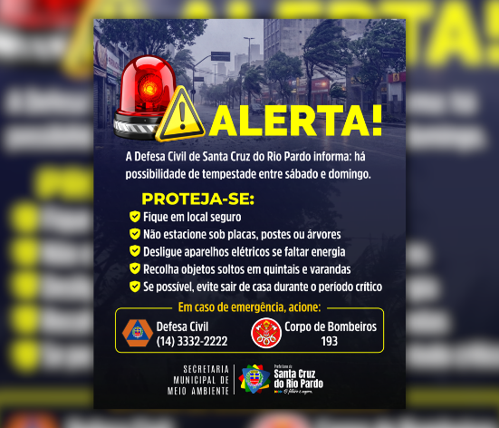 Alerta: Possibilidade de tempestade neste final de semana em Santa Cruz do Rio Pardo